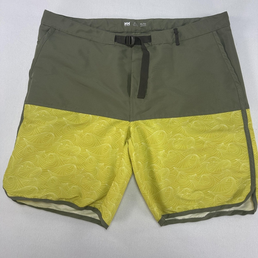 Helly Hansen Board Shorts Mens XL Green Yellow Geometric Surf Swim Trunks UPF 50